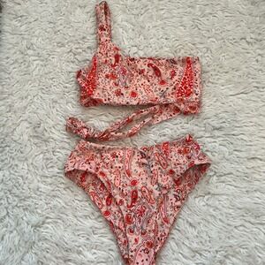 Unbranded Paisley Bikini Set sz Small Orange Pink Excellent One Shoulder Wrap